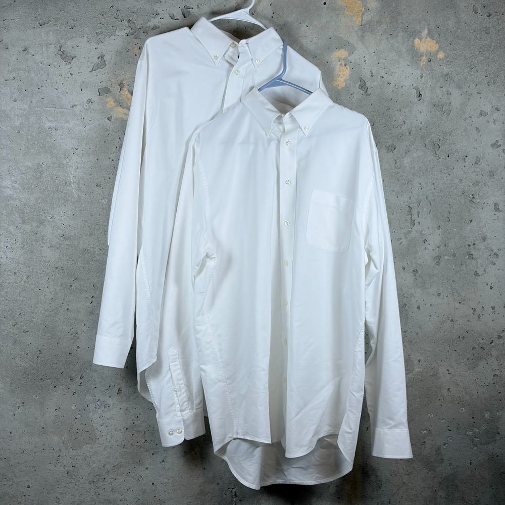 Lands' End Mens OEKO-TEX White Cotton Curved Hem Button Down Shirt Lot of 2 L/T
